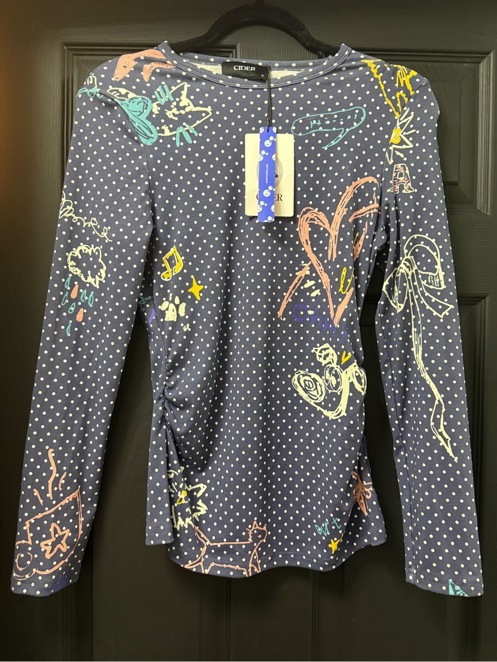 Cider Navy Polka Dot Top with Pastel Sketch Accents